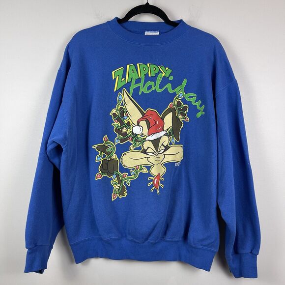 Vintage 1994 Looney Tunes 'Zappy Holidays' Blue Christmas Crewneck XL Tultex - Picture 1 of 10